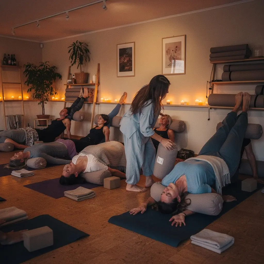 Instructor de yoga demostrando cómo usar la pared para facilitar posturas y estiramientos.