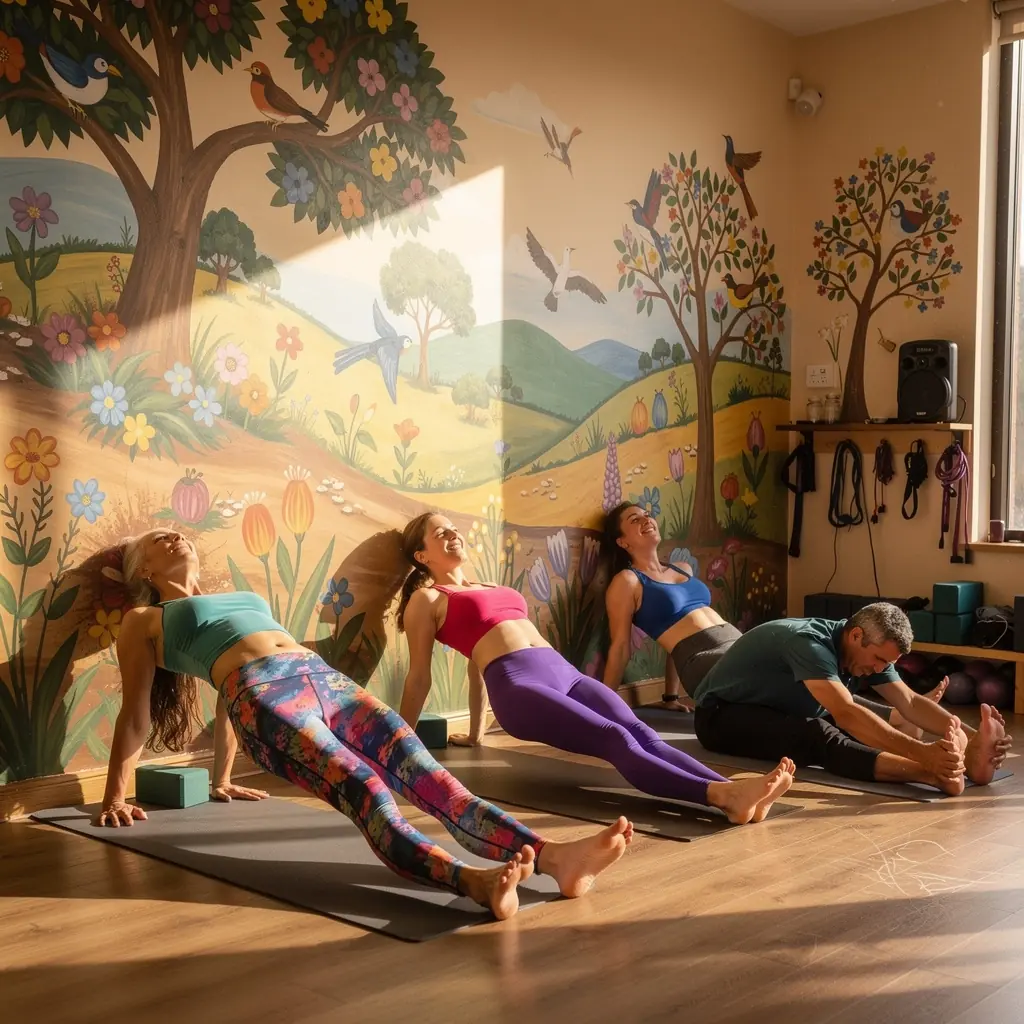 Vista lateral de un estiramiento de yoga en el que se utiliza la pared para mayor estabilidad.