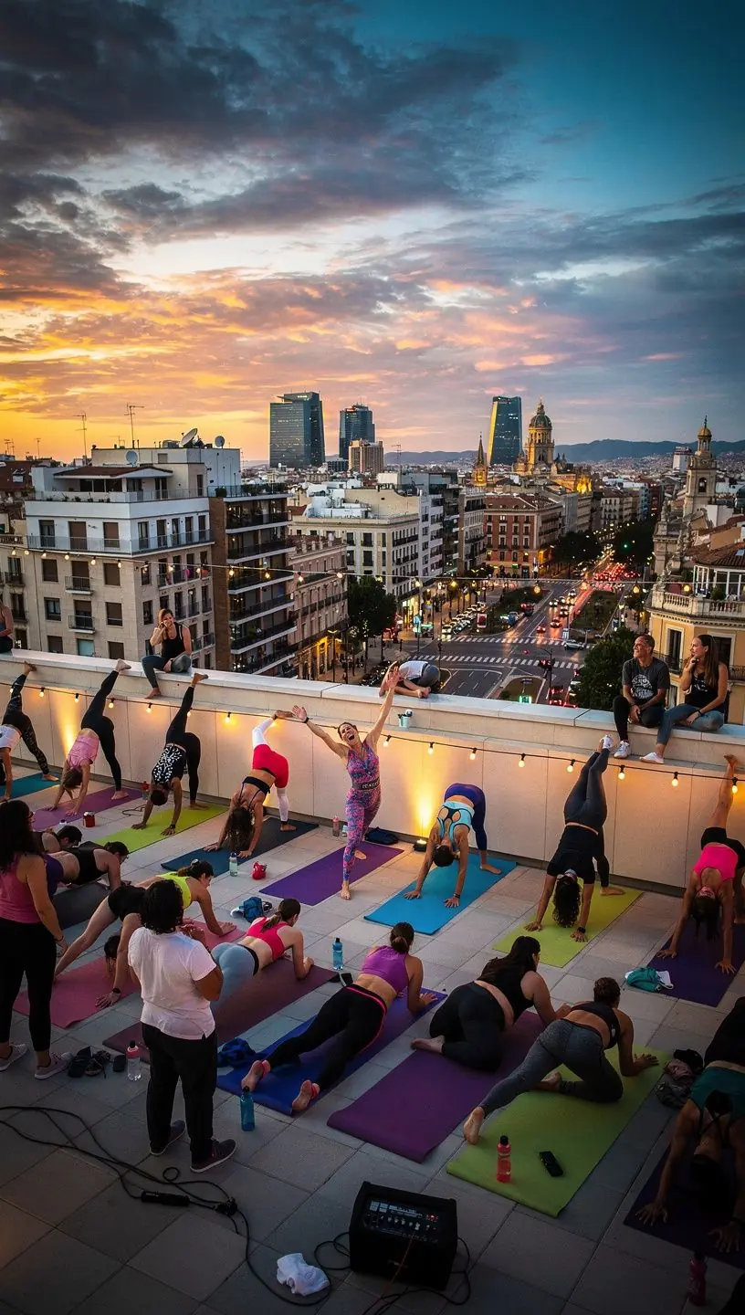 Estudiantes de yoga en un ambiente acogedor, utilizando la pared para realizar ejercicios de equilibrio.