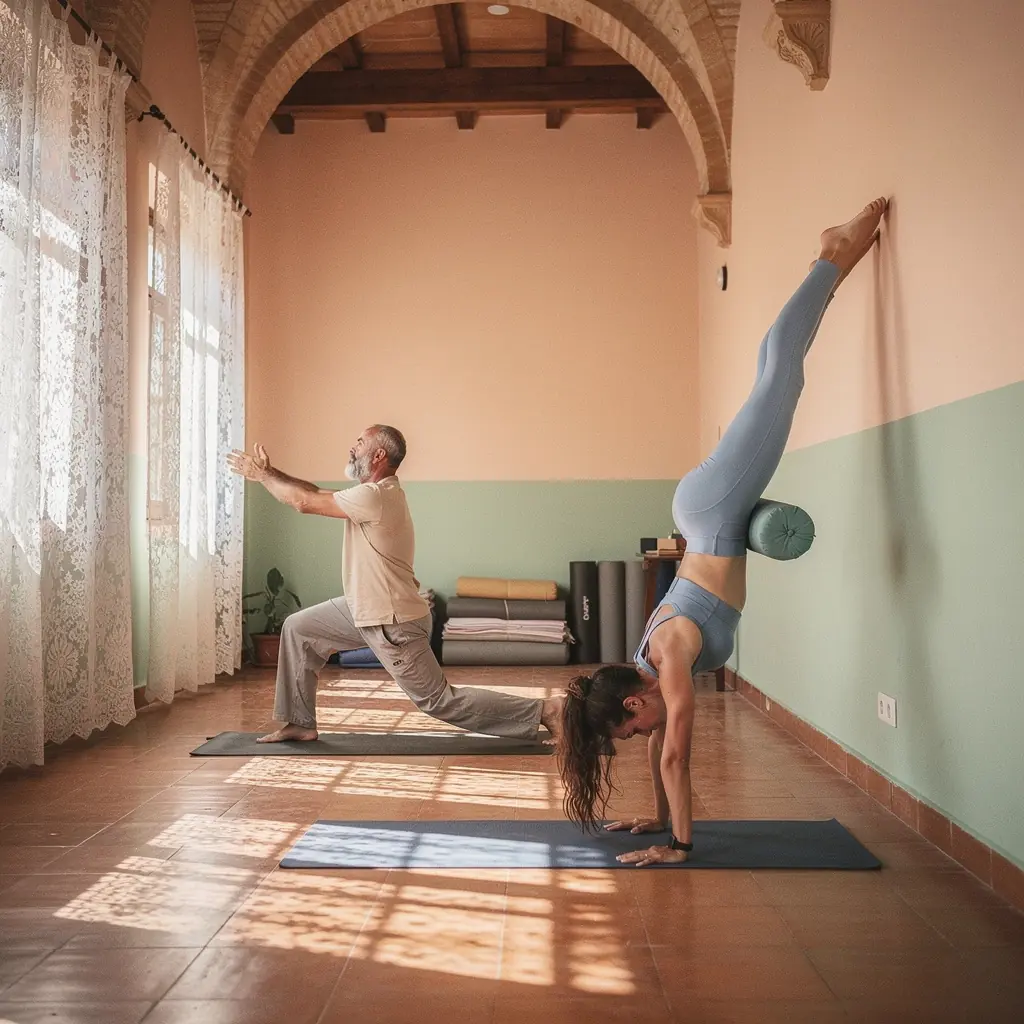 Clase de yoga grupal enfocada en el uso de la pared para profundizar en las posturas y estiramientos.