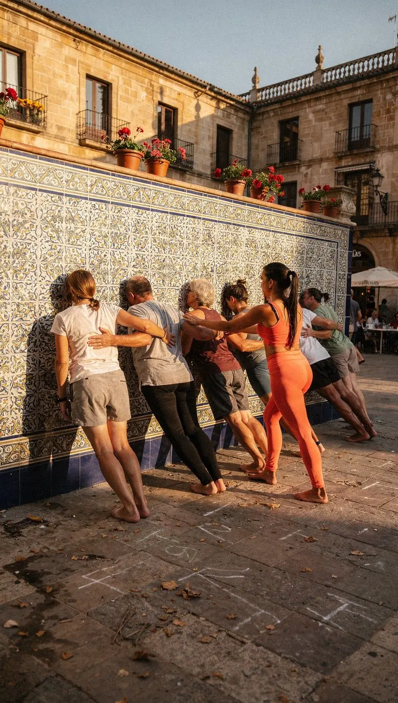 Estudiantes de yoga en un ambiente acogedor, utilizando la pared para realizar ejercicios de equilibrio.