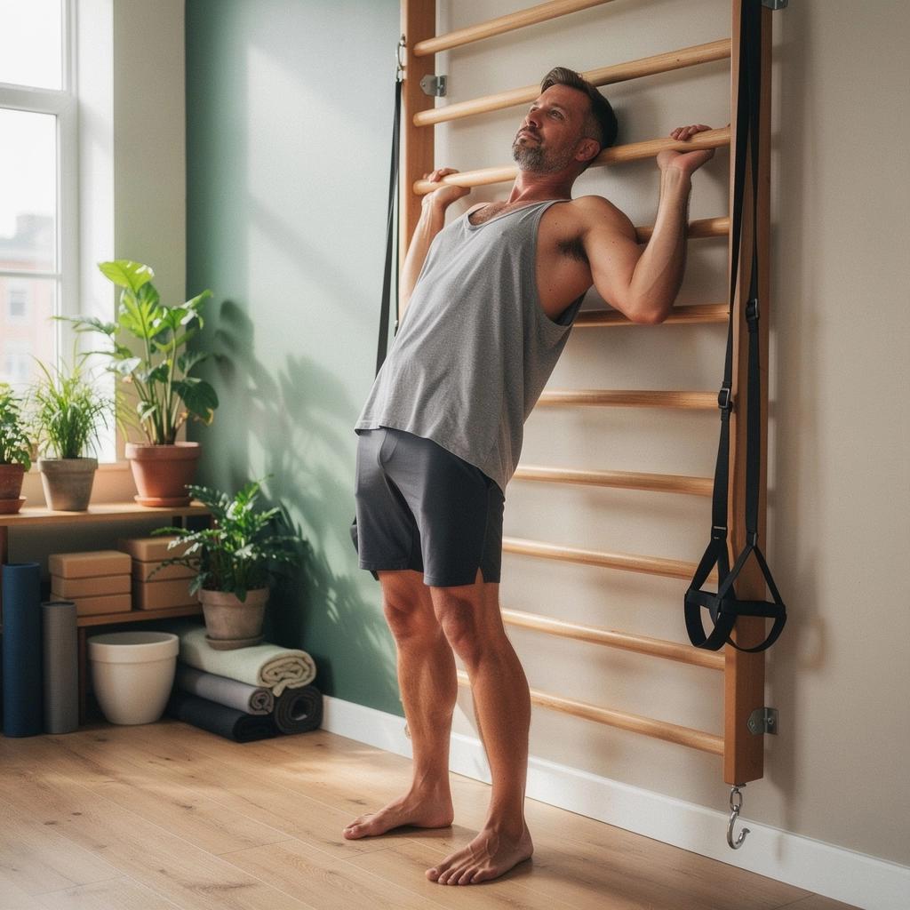 Grupo de practicantes de yoga utilizando la pared para mejorar su alineación.